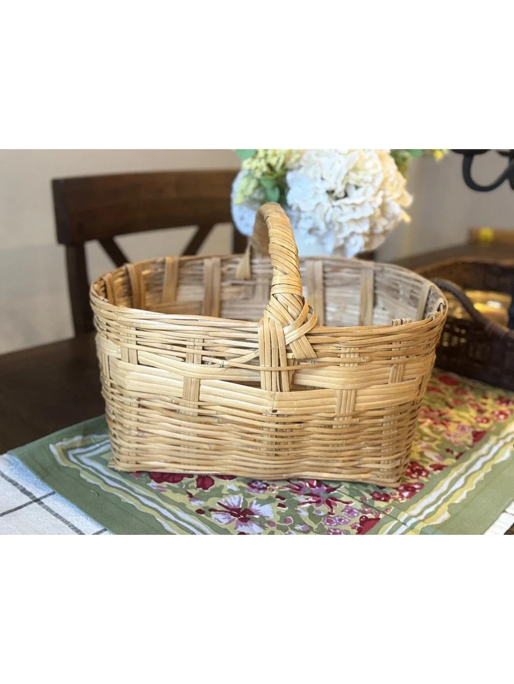 Vintage Handwoven Wicker Basket with Fixed Overhead Handle - Natural Reed/Rattan